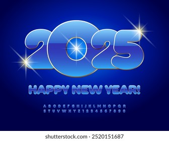 Vector brillante Tarjeta de felicitación Feliz año Nuevo 2025! Azul de lujo y fuente de oro. Conjunto de letras y números de alfabeto elegante. 