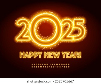 Vector bright Greeting Card Happy New Year 2025! Modern Illuminated Font. Trendy Neon Alphabet Letters and Numbers.  