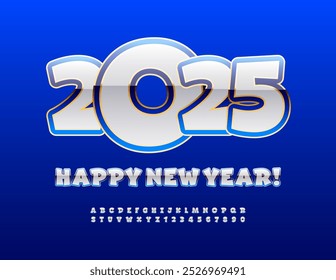 Vetor brilhante cartão de saudação feliz ano novo 2025! Fonte em branco brilhante e azul. Luxo estilo Alfabeto Letras e Números conjunto.