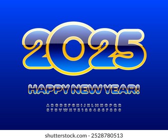 Vector bright Greeting Card Happy New Year 2025! Unique Glossy Font. Modern Alphabet Letters and Numbers set.