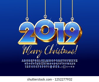 Vector bright greeting card Merry Christmas 2019. Chic Blue and Golden Alphabet Letters, Numbers and Symbols. Stylish 3D Font with sparkling Stars.