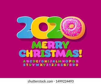 Vector bright greeting card Merry Christmas 2020 with decorative donut. Colorful Uppercase Font. Funny creative Alphabet Letters and Numbers