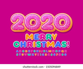 Vector bright greeting card Merry Christmas 2020 with decorative Donuts. Colorful Uppercase Font. Creative Alphabet Letters and Numbers