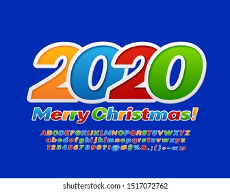 Vector bright Greeting Card Merry Christmas 2020! Creative kids Font. Colorful Alphabet Letters, Numbers and Symbols. 