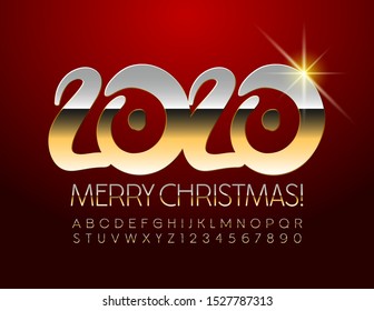 Vector bright Greeting Card Merry Christmas 2020. Golden slim Font. Elegant Alphabet Letters and Numbers