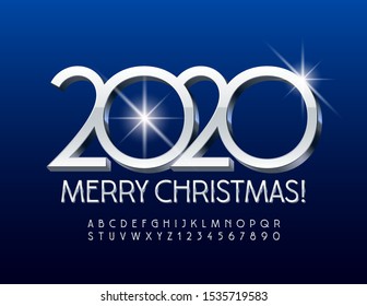 Vector bright Greeting Card Merry Christmas 2020! Silver and White 3d Font. Stylish Alphabet Letters and Numbers.