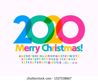 Vector bright greeting card Merry Christmas 2020! Transparent color Font. Trendy Alphabet Letters, Numbers and Symbols