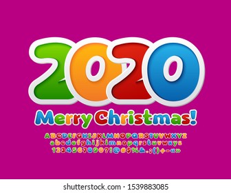 Vector bright greeting card Merry Christmas 2020. Funny colorful Font. Kids Alphabet Letters, Numbers and Symbols