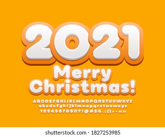 Vector bright greeting card Merry Christmas 2021! Modern Yellow and White Font. Happy Alphabet Letters and Numbers set