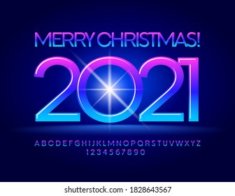 Vector bright greeting card Merry Christmas 2021 with Gradient color Font. Creative Alphabet Letters and Numbers set