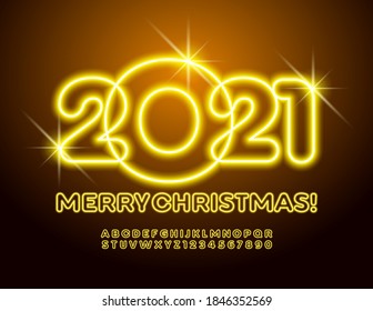 Vector bright greeting card Merry Christmas 2021! Yellow light Font. Glowing Neon Alphabet Letters and Numbers set