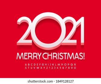 Vector bright Greeting Card Merry Christmas 2021! White stylish Font. 3D Alphabet Letters and Numbers set