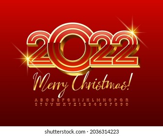 Vector bright Greeting Card Merry Christmas 2022! Creative Luxury 3D Font. Exclusive Alphabet Letters and Numbers set