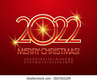 Vector tarjeta de saludo brillante Feliz Navidad 2022! Letras y números de alfabeto rojo y oro. Fuente elegante