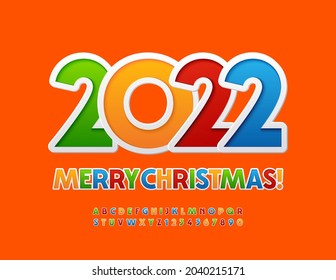 Vector bright Greeting Card Merry Christmas 2022! Sticker Alphabet Letters and Numbers set. Colorful modern Font