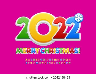 Vector bright Greeting Card Merry Christmas 2022! Colorful Alphabet Letters and Numbers set. Children style Font