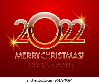 Vector bright Greeting Card Merry Christmas 2022! Elegant Alphabet Letters and Numbers set. Red and Gold stylish Font