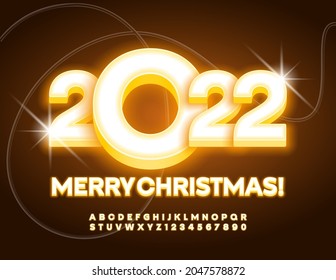 Vector bright Greeting Card Merry Christmas 2022! Glowing set of Alphabet Letters and Numbers. Illuminated Yellow Font