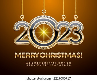 Vector bright Greeting card Merry Christmas 2023! Luxury gold Font. Elite Alphabet Letters and Numbers set