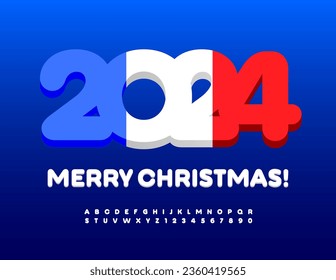 Tarjeta de saludo brillante vectorial Feliz Navidad 2024 con bandera francesa.  Fuente 3D creativa. Letras y números alfabetos modernos