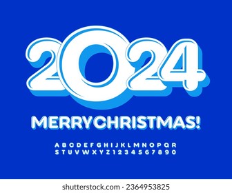Vector bright Greeting Card Merry Christmas 2024! Retro style Font. White and Blue 3D Alphabet Letters and Numbers set