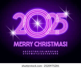 Vector bright Greeting Card Merry Christmas 2025 with Neon Font. Violet Illuminated Alphabet. Glowing Uppercase Letters and Numbers.