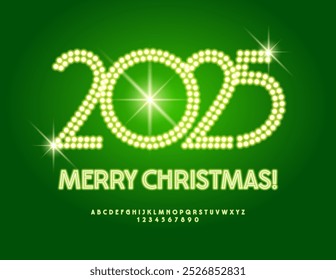 Vector brillante Tarjeta de felicitación Feliz Navidades 2025! Fuente de neón verde. Conjunto de letras y números del alfabeto brillante.