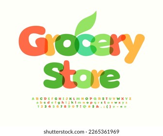Vector bright Grocery Store. Modern Creative Font. Funny Colorful Alphabet Letters, Numbers an Symbols set. 