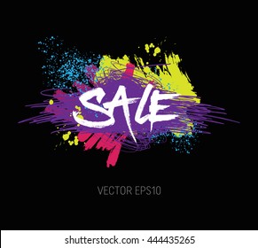 Vector bright grungy scribble banner - Big sale - with paint brush strokes and splatter, spray paint, drops - on black background