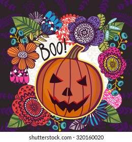 Vector Bright Halloween illustration of graphic floral background and pumpkin "Boo!" 