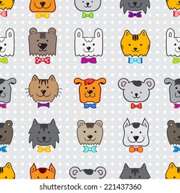 Vector bright hand drawn doodle cartoon animal heads seamless pattern in colorful bow-ties