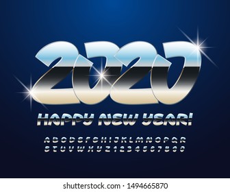 Vector brillante tarjeta de felicitación de Año Nuevo 2020. Conjunto de letras y símbolos de estilo alpino. Fuente brillante plateada.