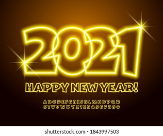 Vector bright Happy New Year 2021 greeting card. Neon Yellow Font. Funny glowing Alphabet Letters and Numbers set