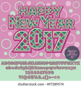 Vector bright Happy New Year 2017 greeting card with set of letters, symbols and numbers. File contains graphic styles
