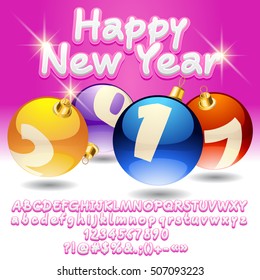Vector bright Happy New Year 2017 greeting card with set of letters, symbols and numbers
