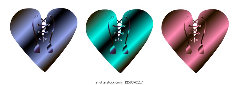 Vector bright hearty set. Hand drawn illustration. Gradient isolated polished metal foil blue, green, pink hearts with laced collar like a corset on white background for design.