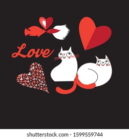 Vector bright holiday card with loving fish and cats and hearts on a dark background.