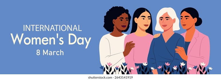 Vector bright horizontal banner for International Women's Day, women of different cultures and nationalities stand together, giving support. Movements for gender equality and women's empowerment