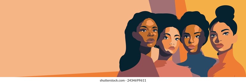 Vector bright horizontal banner with place for text March 8 Women's Day, different women stand together. Vector concept movement for gender equality and women's empowerment