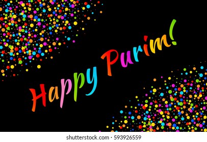 Vector Bright Horizontal Card Happy Purim carnival text with colorful shiny rainbow colors paper confetti frame isolated on black background. Birthday template. Purim Jewish holiday.