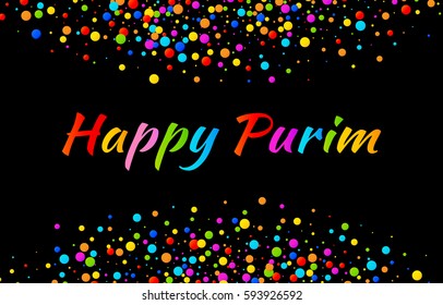 Vector Bright Horizontal Card Happy Purim carnival text with colorful shiny rainbow colors paper confetti frame isolated on black background. Birthday template. Purim Jewish holiday.