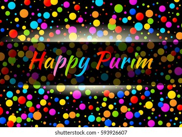 Vector Bright Horizontal Card Happy Purim carnival text with colorful shiny rainbow colors paper confetti frame isolated on black background. Birthday template. Purim Jewish holiday.