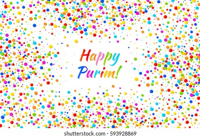 Vector Bright Horizontal Card Happy Purim carnival text with colorful rainbow colors paper confetti frame isolated on white background. Birthday template. Purim Jewish holiday.