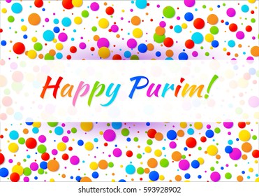 Vector Bright Horizontal Card Happy Purim carnival text with colorful rainbow colors paper confetti frame isolated on white background. Birthday template. Purim Jewish holiday.