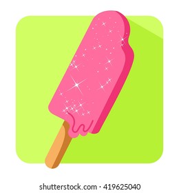 Vector bright icon with pink ice cream with long shadows in flat style.
