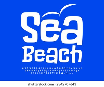 Icono brillante vectorial de Sea Beach. Letra blanca lúgubre. Divertidas letras de alfabeto, números y símbolos