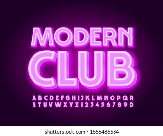  Vector bright icon with text Modern Club. Violet glowing Font. Neon Set of Alphabet Letters and Numbers.