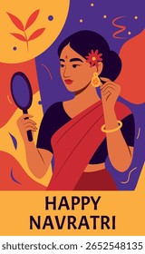 Vector bright illustration abstraction, woman in sari looking in mirror on bright colors background. Illustration of Navratri holiday dedicated to female energy, dance and Indian traditions