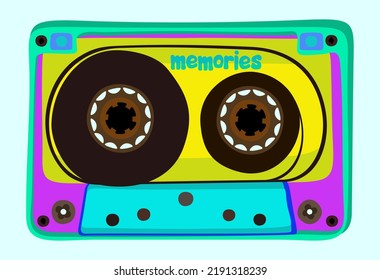 Vector bright illustration of audiocassette isolated on light blue background. Memories.