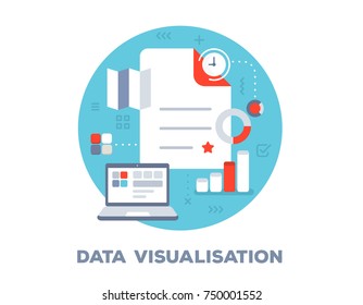 Vector Bright Illustration Of Big Document, Clock, Laptop And Icons. Data Visualisation Concept On Blue Background With Title. Flat Style Design For Web, Site, Banner, Business Presentation